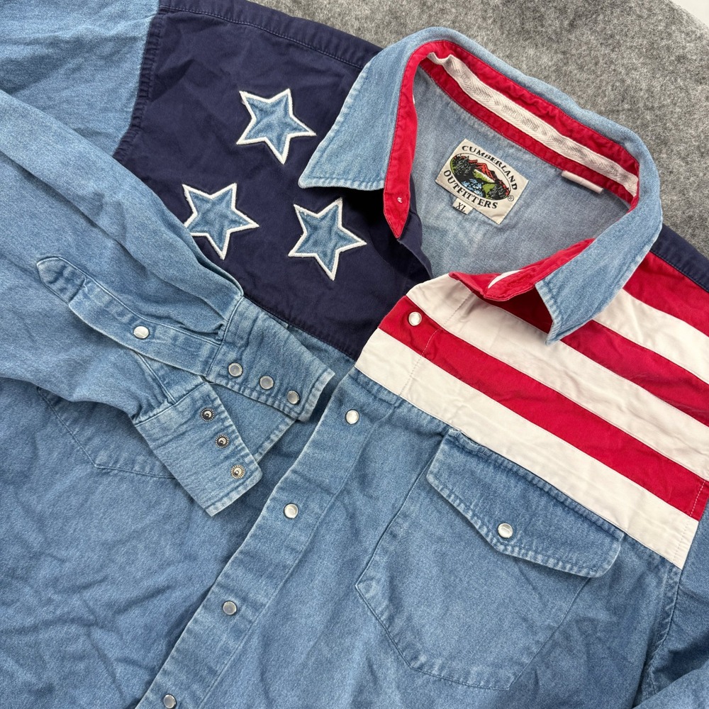 Cumberland Outfitters Western Snap Shirt Mens XL Blue American Flag Patriotic